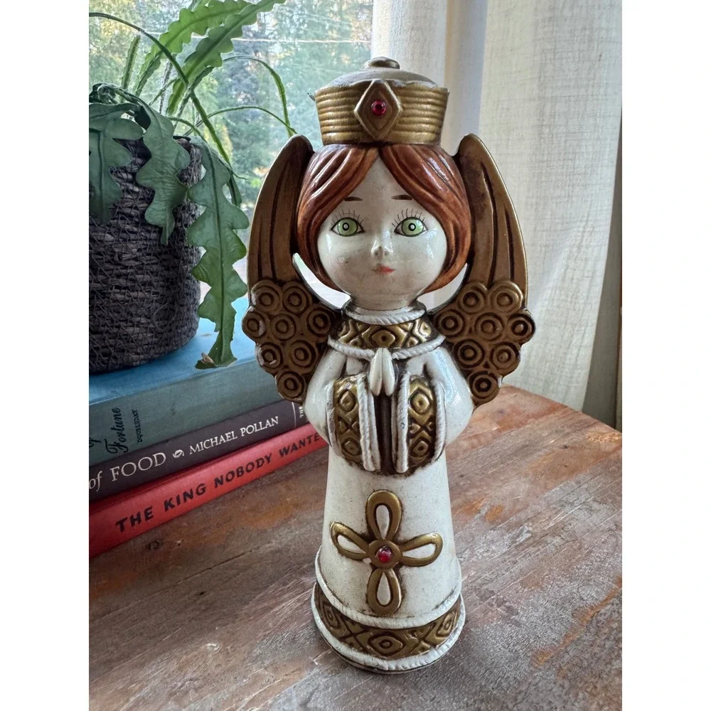 Vintage Ceramic Papier Mache Angel Figurine Gold Crown Wings Mid Century Decor